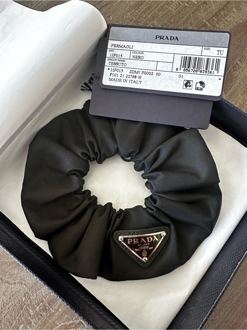 Prada Black Triangle Logo Satin Scrunchie